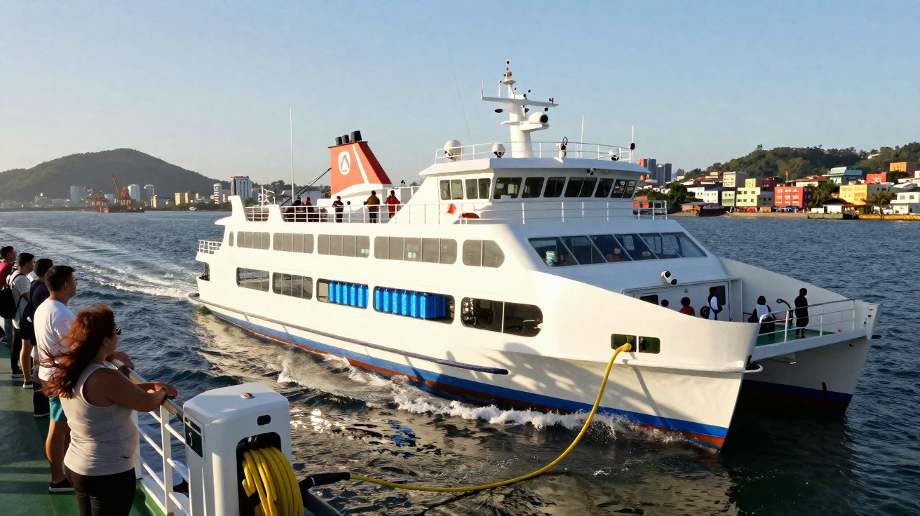 Ferryboat branco se aproximando do píer com passageiros observando e prédios coloridos ao fundo.