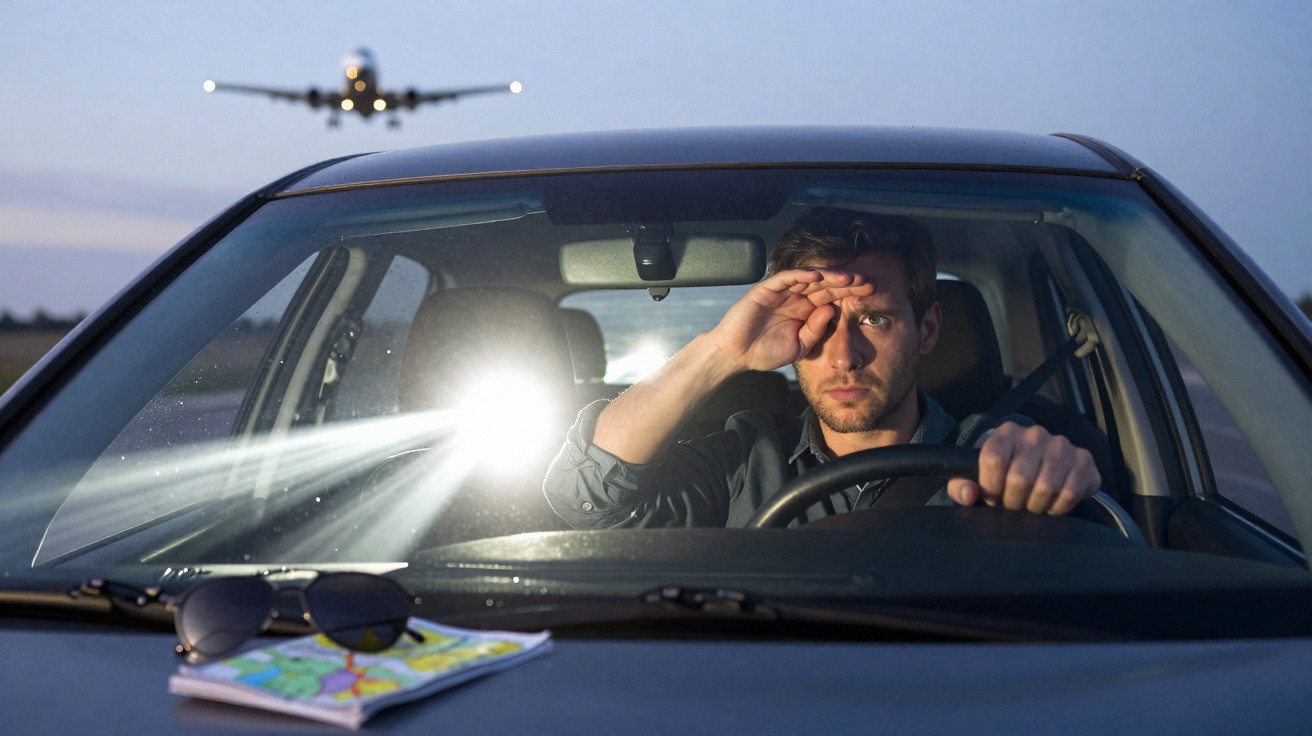 Homem dirigindo carro com expressão cansada e avião pousando ao fundo ao entardecer.