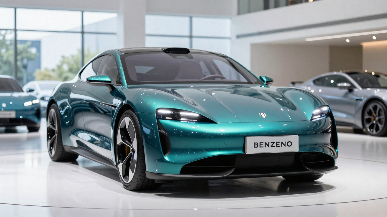 Carro esportivo elétrico verde metálico Benzeno em exposição em showroom moderno e iluminado.