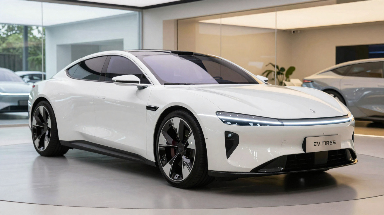 Carro elétrico branco moderno e aerodinâmico em exposição dentro de showroom com vidro ao fundo.