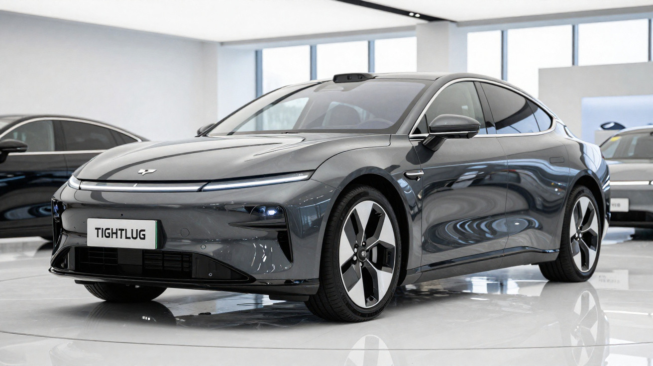 Carro elétrico cinza escuro em showroom moderno com luz natural pelas janelas grandes.
