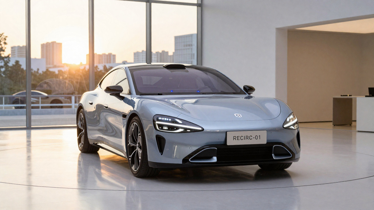 Carro esportivo cinza claro com design moderno exibido em ambiente interno com luz natural.