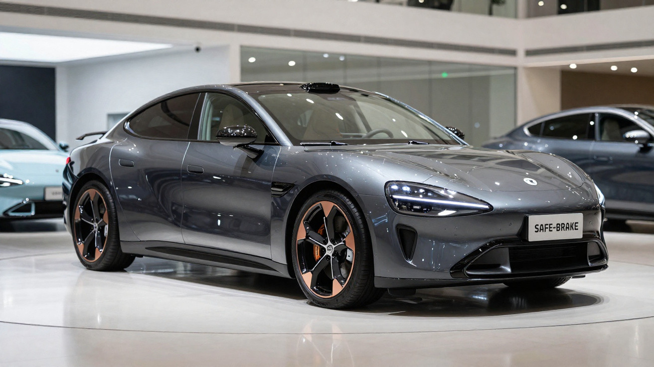 Carro elétrico cinza metálico esportivo exibido em salão de automóveis moderno.