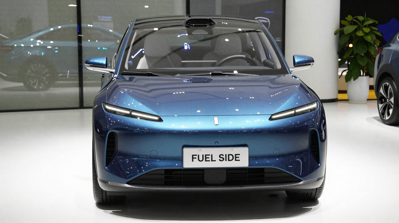 Carro elétrico azul modelo Fuel Side visto de frente em exposição interna com iluminação branca.