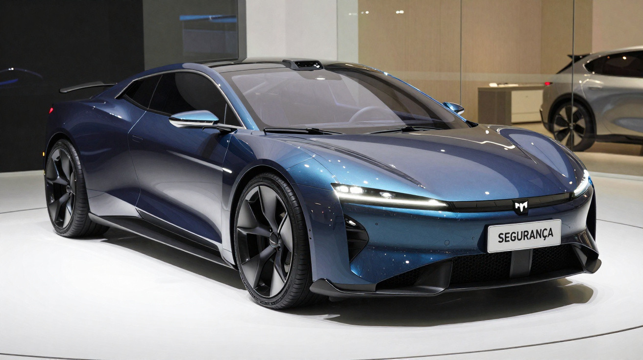 Carro esportivo azul metálico com design futurista e placa com a palavra "SEGURANÇA".