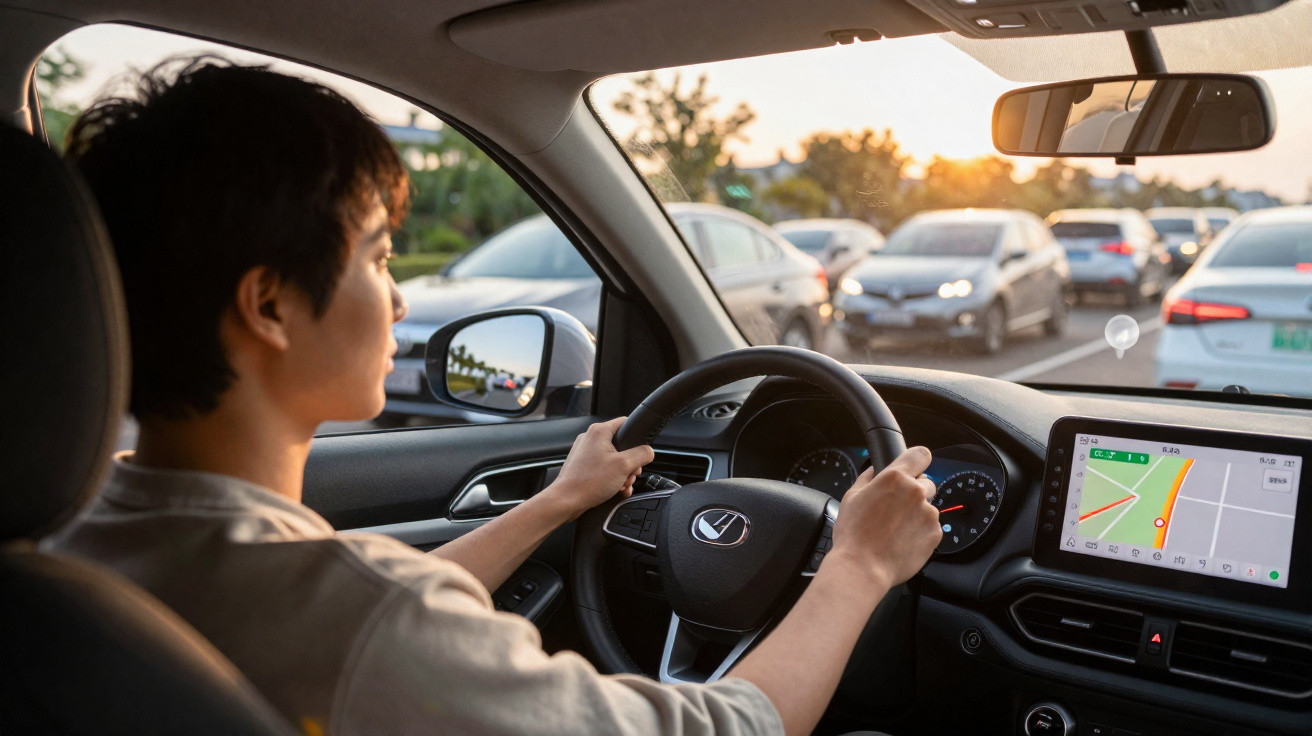 Pessoa dirigindo carro com GPS ativo em trânsito no fim de tarde.