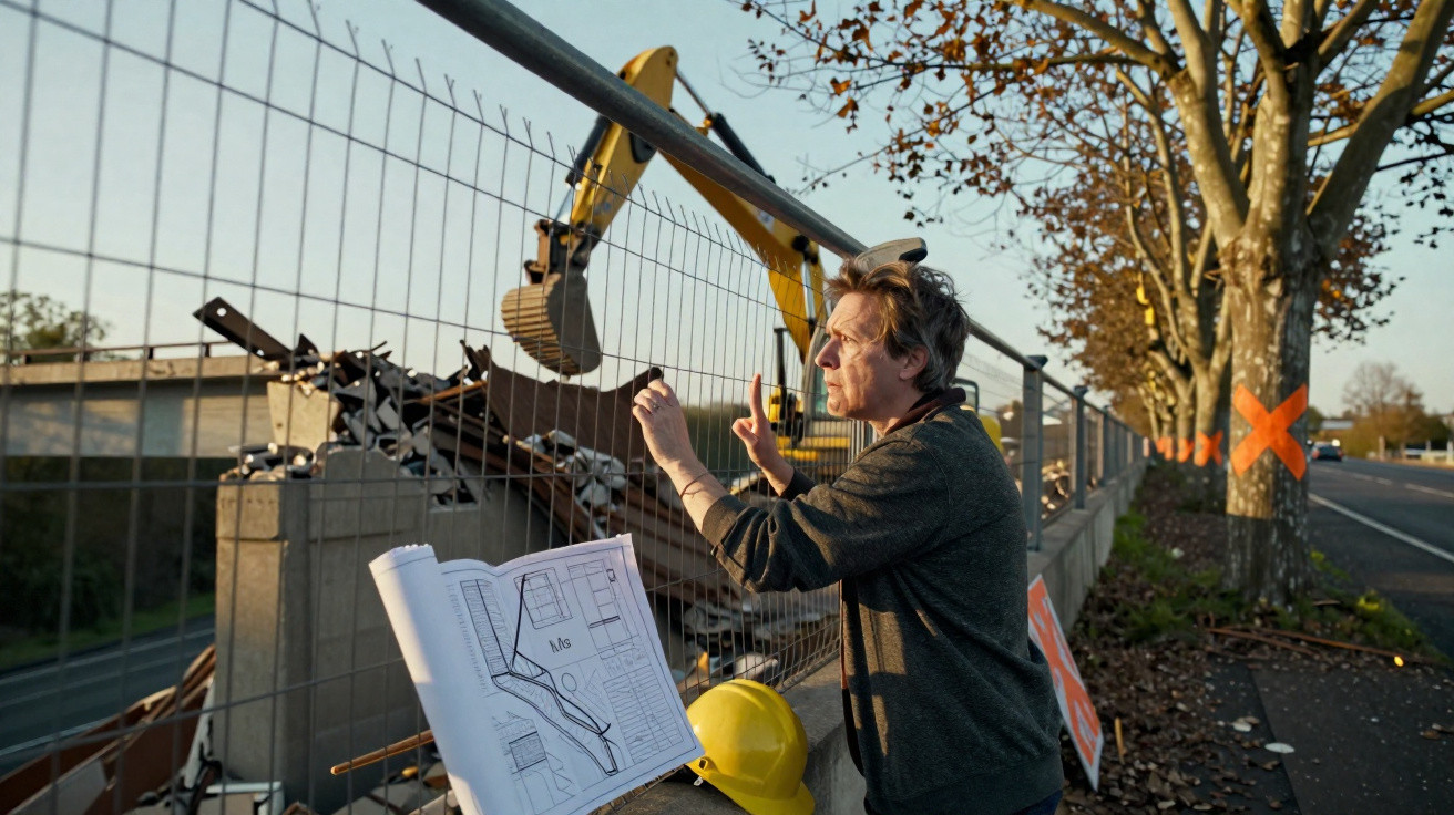 Homem analisando planta de construção ao lado de cerca em obra com escavadeira e árvore marcada ao fundo.