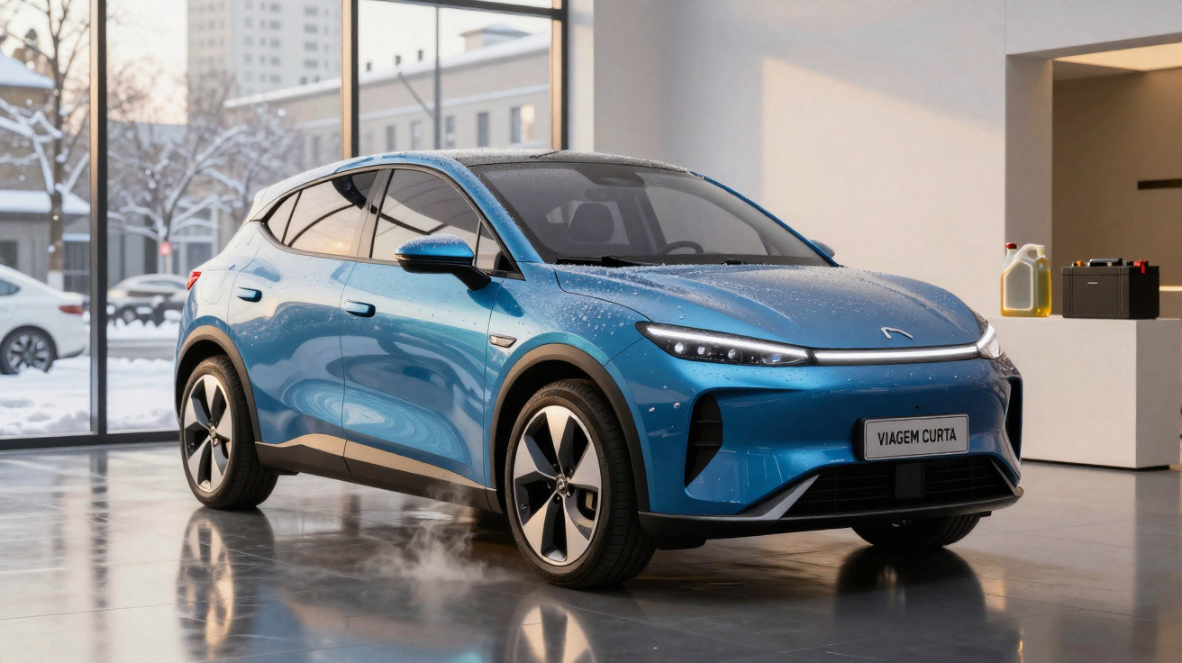 Carro elétrico azul estacionado em ambiente interno com janelas e neve ao fundo.