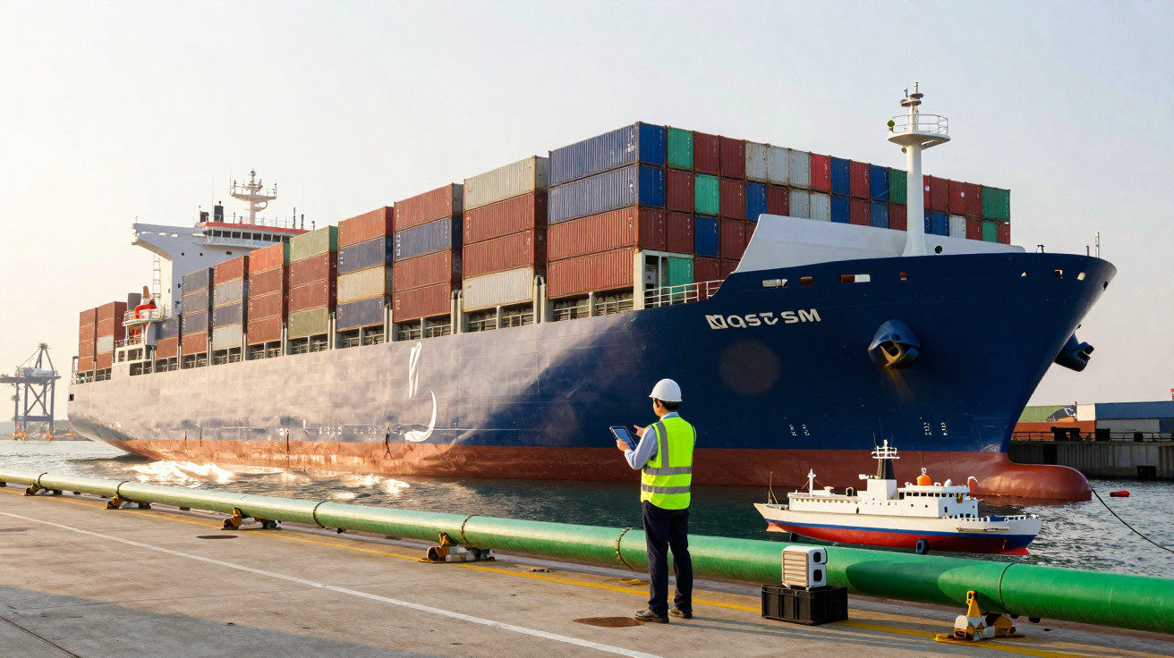 Navio cargueiro azul carregado com contêineres no porto enquanto homem com colete e capacete verifica controle remoto.