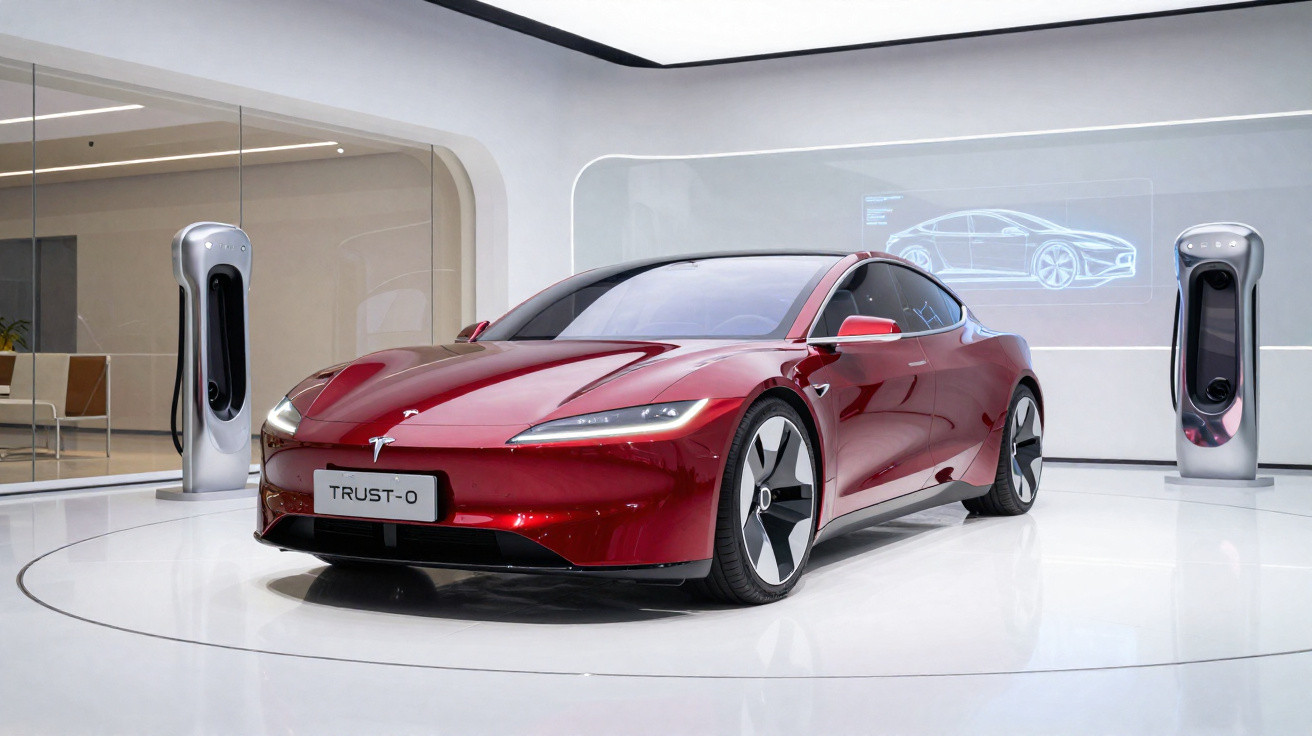 Carro elétrico esportivo vermelho Tesla Trust-O exposto em ambiente moderno com carregadores ao lado.