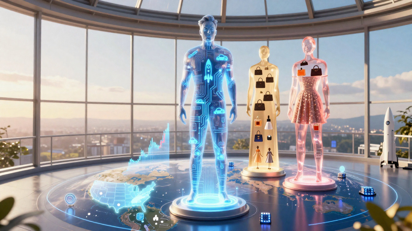 Três hologramas representando homens e mulheres com ícones tecnológicos e de consumo em sala panorâmica futurista.