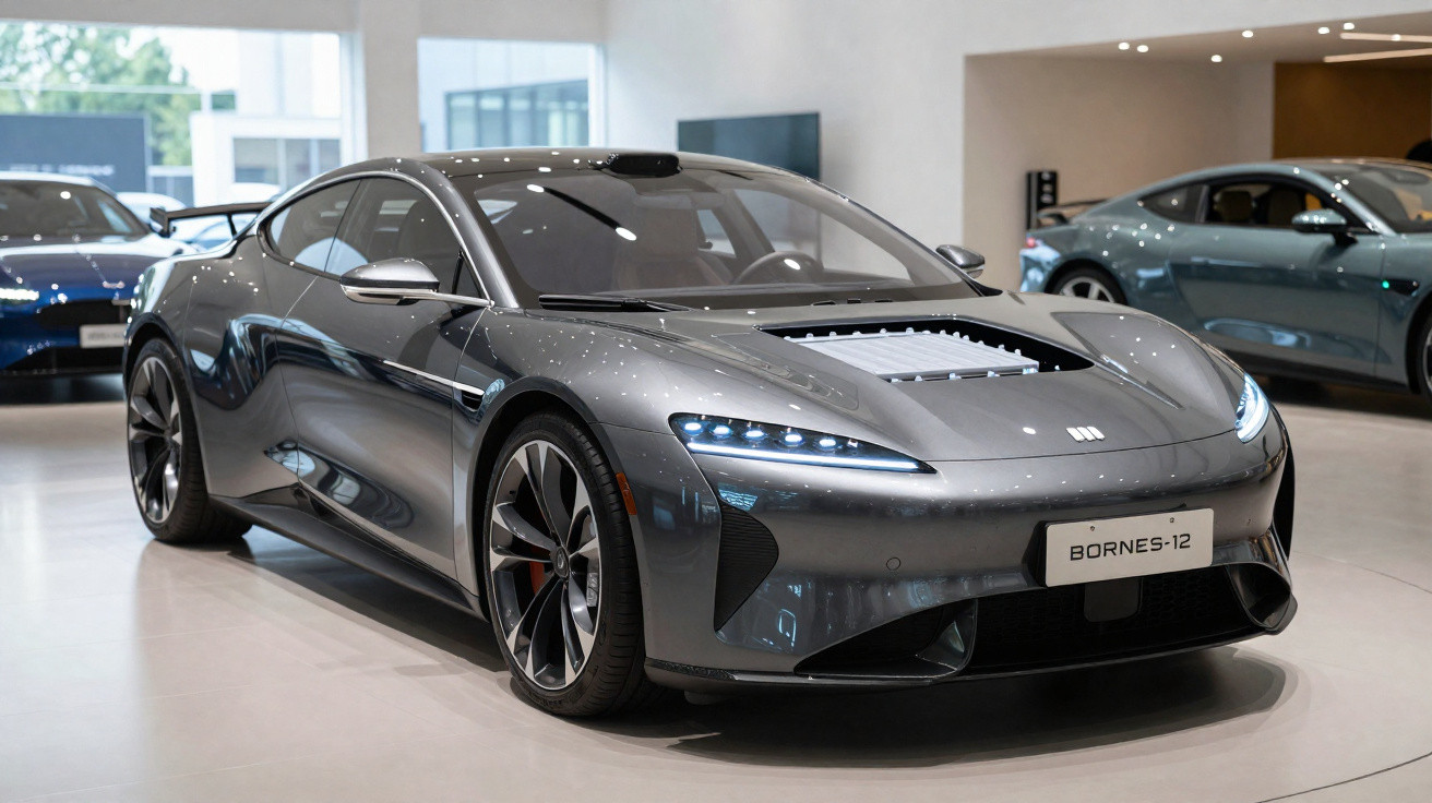 Carro esportivo elétrico cinza Bornes-12 em showroom moderno com detalhes aerodinâmicos e faróis LED.