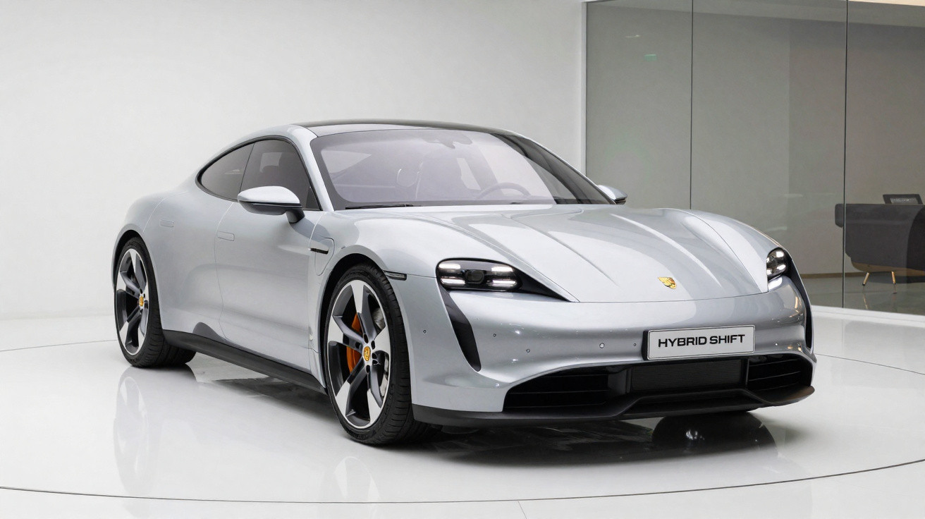 Carro esportivo Porsche Taycan prata exibido em ambiente moderno e iluminado, vista frontal-angular.