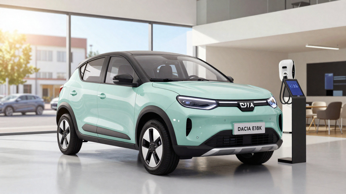 Carro elétrico Dacia e18k verde claro estacionado em garagem moderna com estação de recarga.