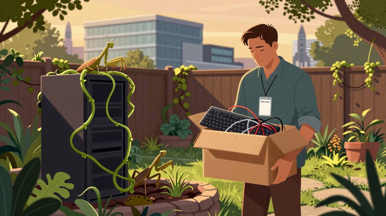 Homem segurando caixa de equipamentos de computador em jardim com plantas e insetos gigantes.
