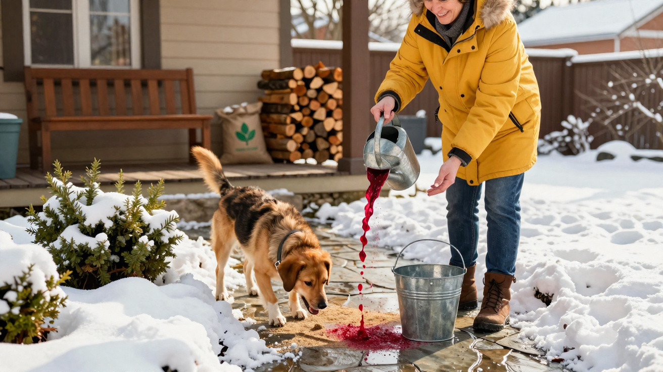 Pessoa de casaco amarelo derrama líquido vermelho em balde de metal enquanto cachorro observa na neve.