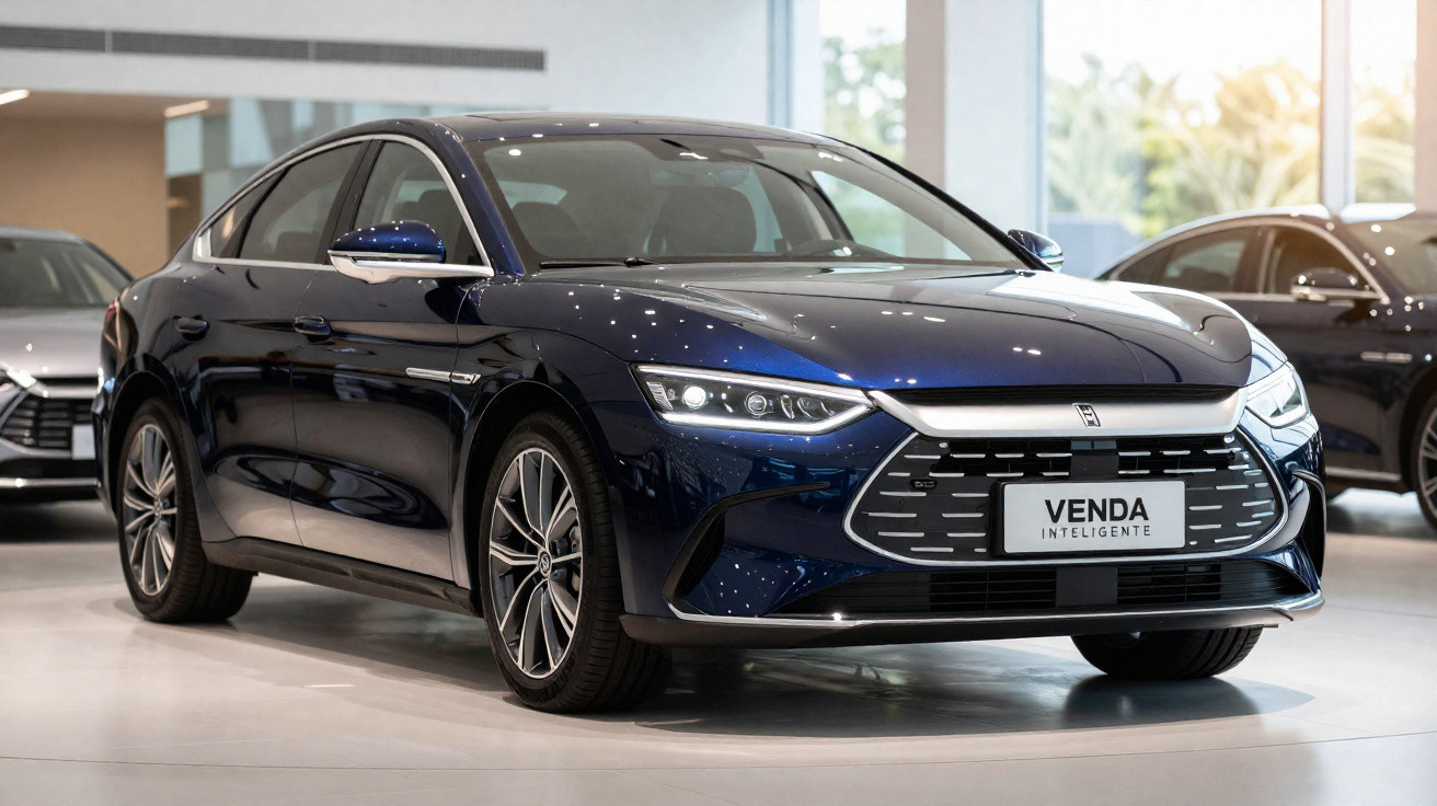 Carro sedã azul escuro moderno em exposição em showroom com placa "Venda Inteligente".