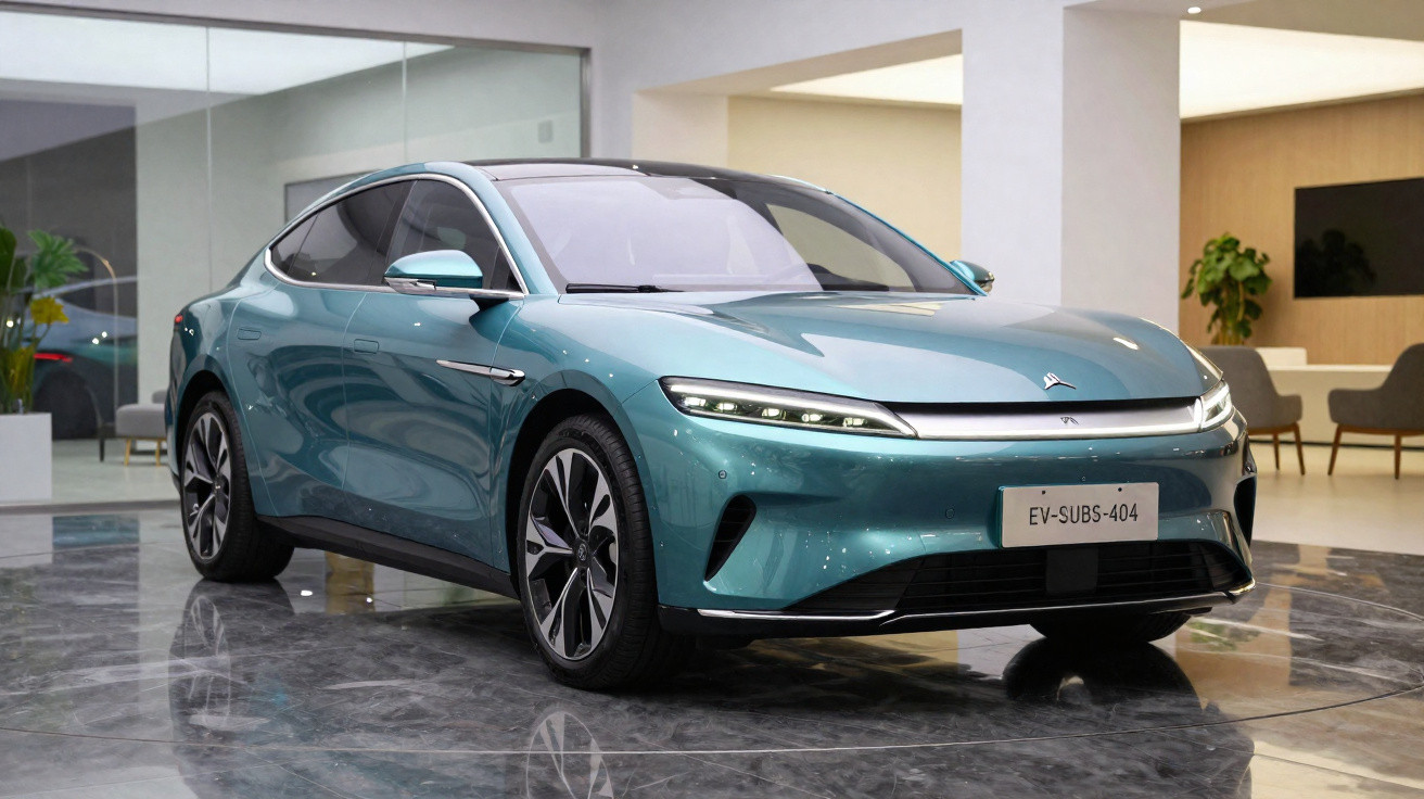 Carro elétrico azul turquesa, modelo sedã, exibido em showroom moderno e iluminado.