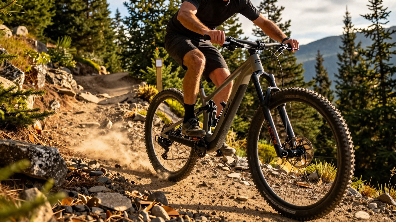 Homem pedalando bicicleta de montanha em trilha de terra e pedras cercada por árvores e montanhas.