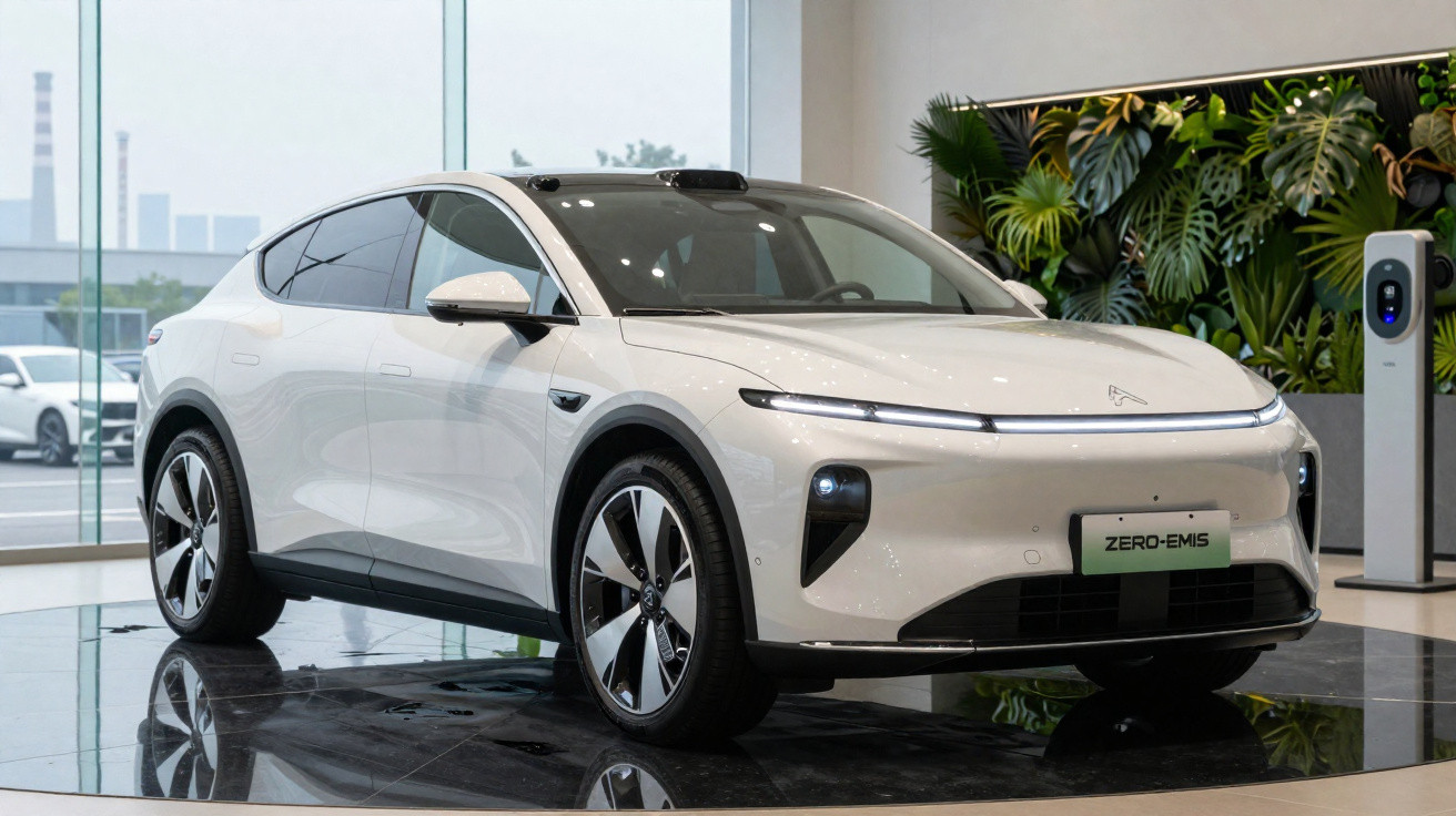 Carro elétrico branco moderno exibido em showroom, com parede verde e estação de recarga ao fundo.