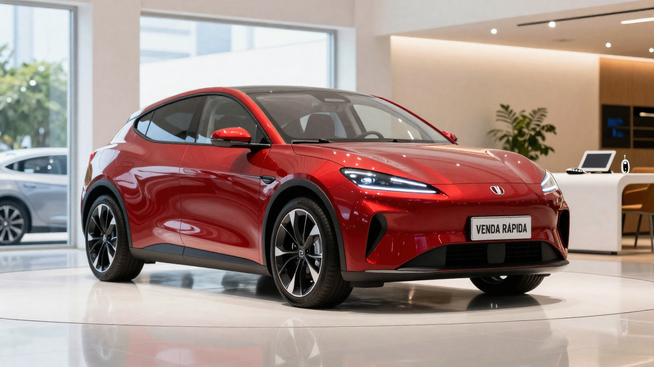 Carro elétrico vermelho exposto em showroom moderno com placa frontal escrita "Venda Rápida".
