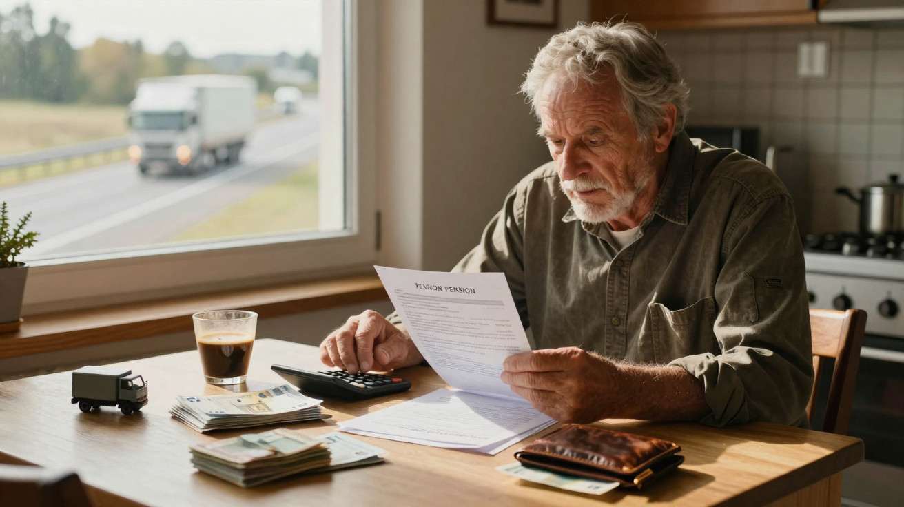 Homem idoso sentado à mesa analisando documento financeiro com calculadora e dinheiro ao lado.