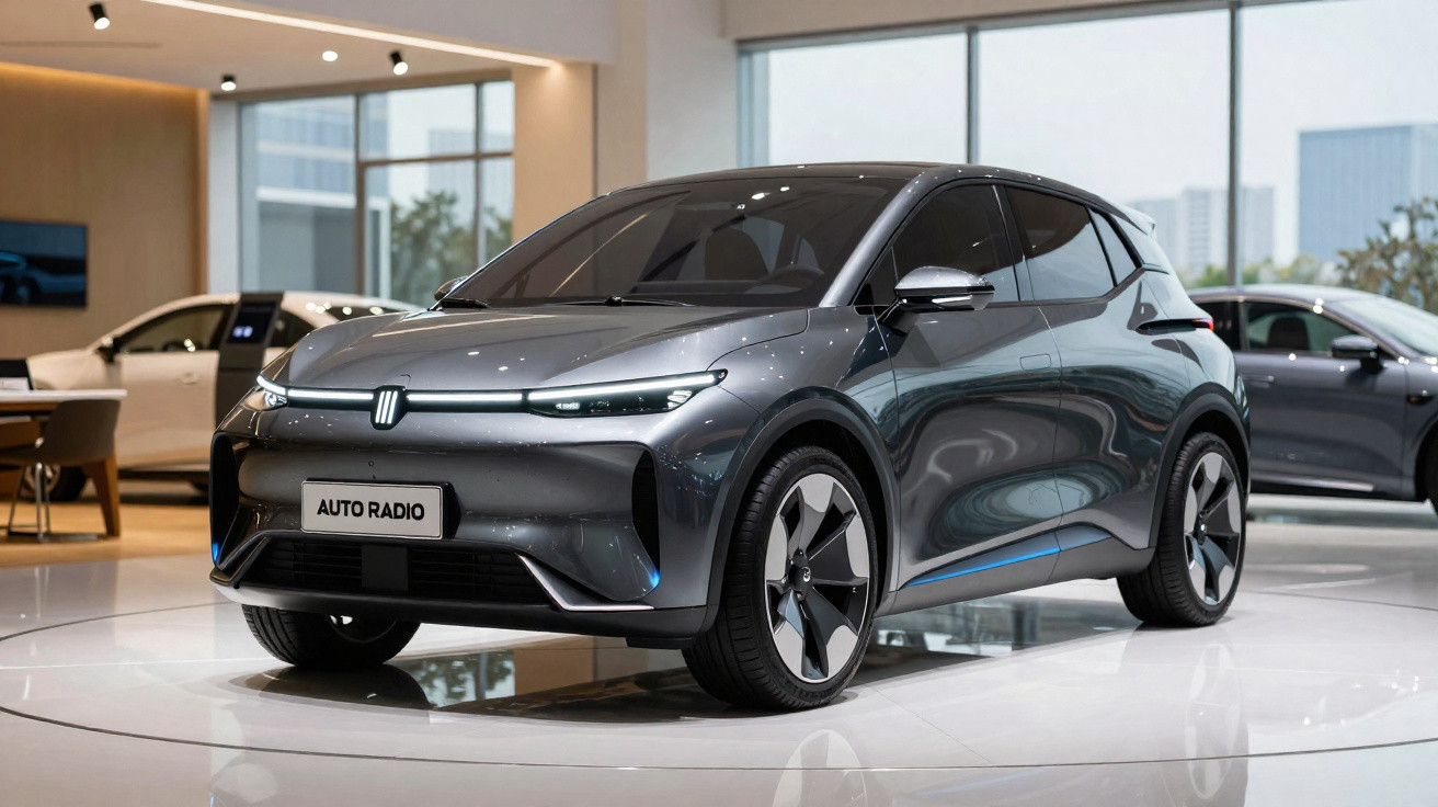 Carro elétrico cinza moderno exposto em showroom com piso branco e janelas grandes ao fundo.