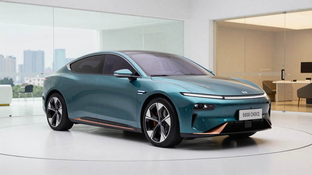 Carro elétrico azul moderno estacionado em ambiente interno futurista com paredes de vidro e mobiliário minimalista.