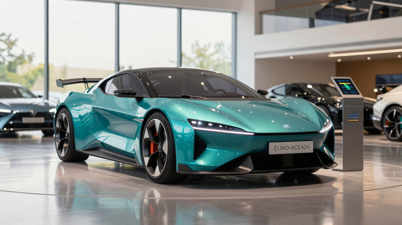 Carro esportivo elétrico verde com design futurista em exposição interna moderna.