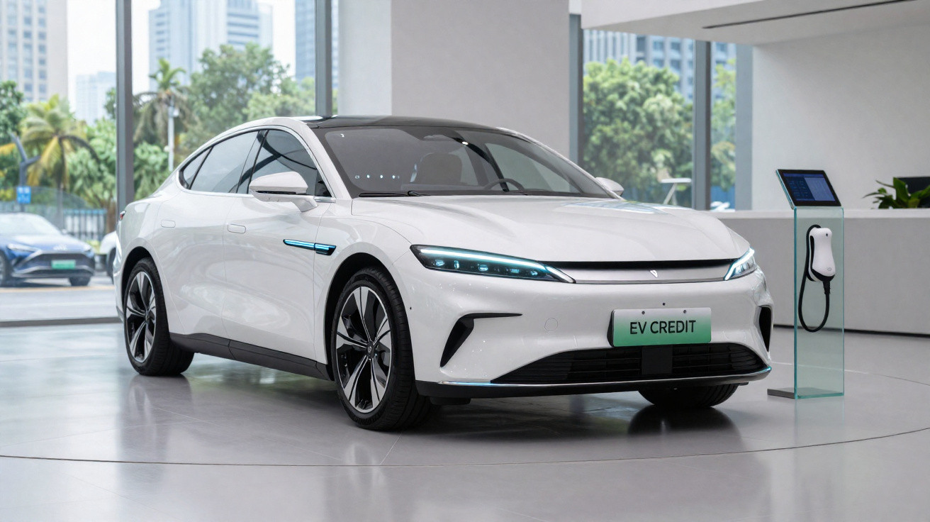 Carro elétrico branco estacionado em showroom moderno com carregador ao lado e placas "EV CREDIT".
