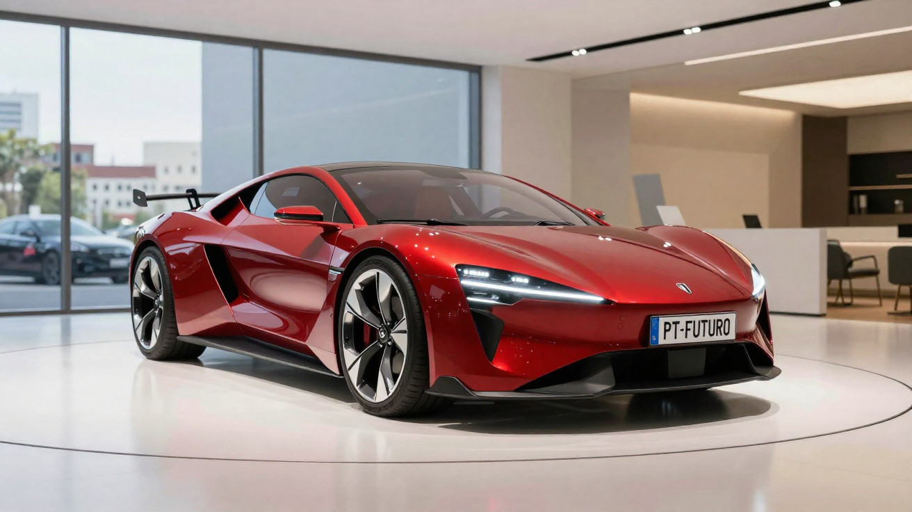 Carro esportivo vermelho moderno com design aerodinâmico exposto em showroom elegante.