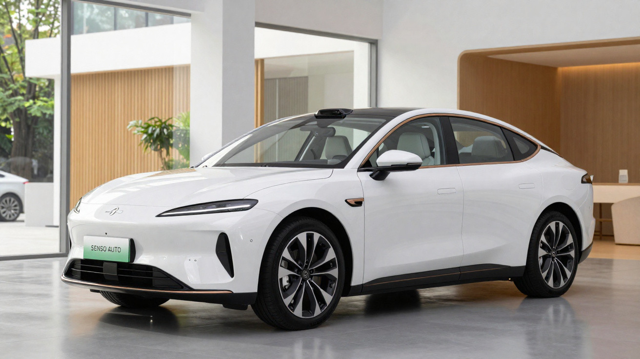 Carro elétrico branco moderno estacionado em ambiente interno com piso cinza e parede clara.