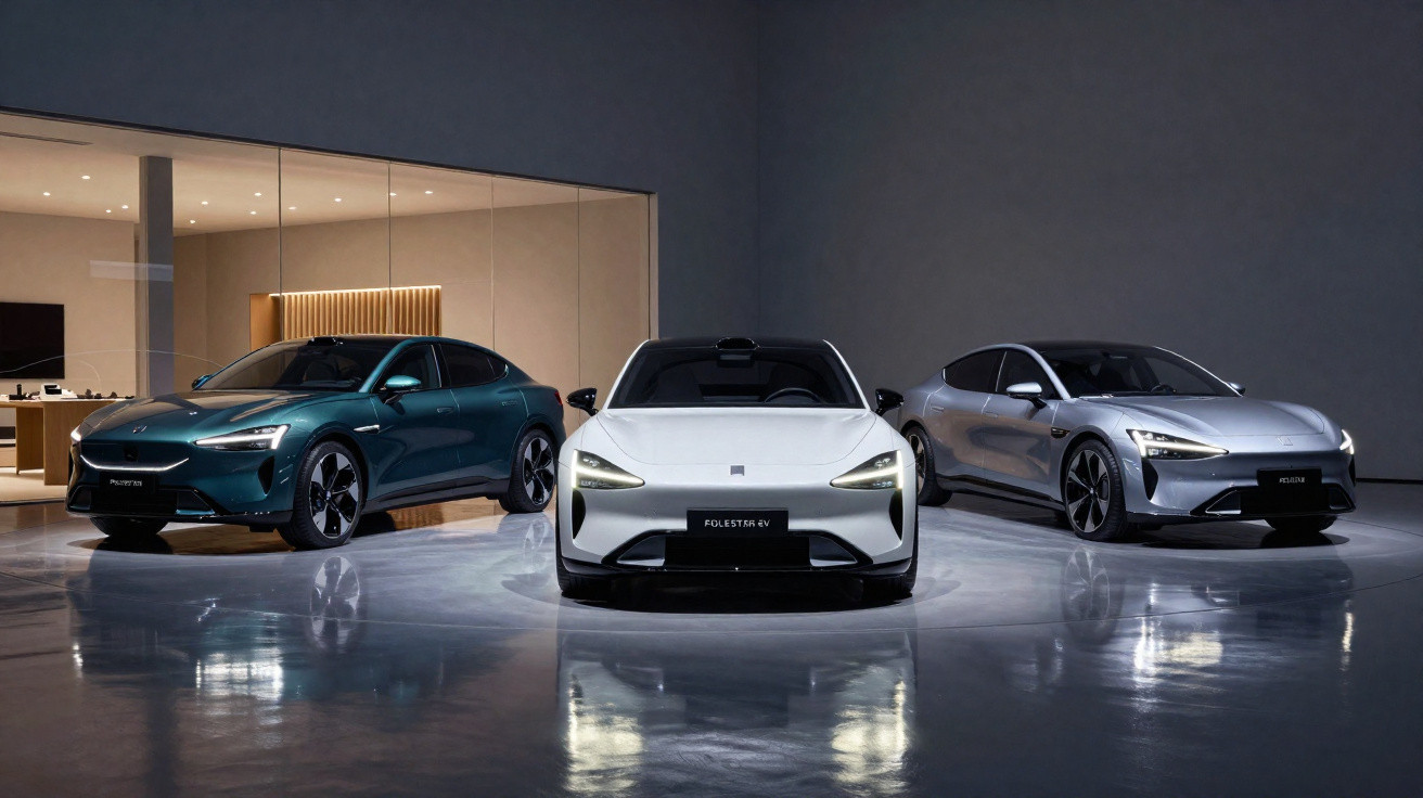 Três carros elétricos da Polestar estacionados em uma sala moderna com reflexos no piso polido.