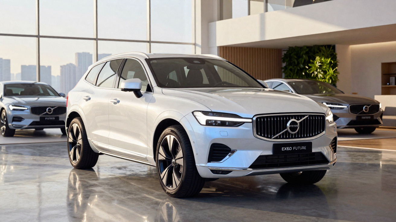Carro Volvo EX60 Future branco em exposição interna com outros carros ao fundo e iluminação natural.