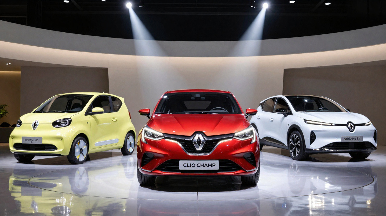 Três carros Renault expostos em salão, nas cores amarela, vermelha e branca com iluminação no teto.