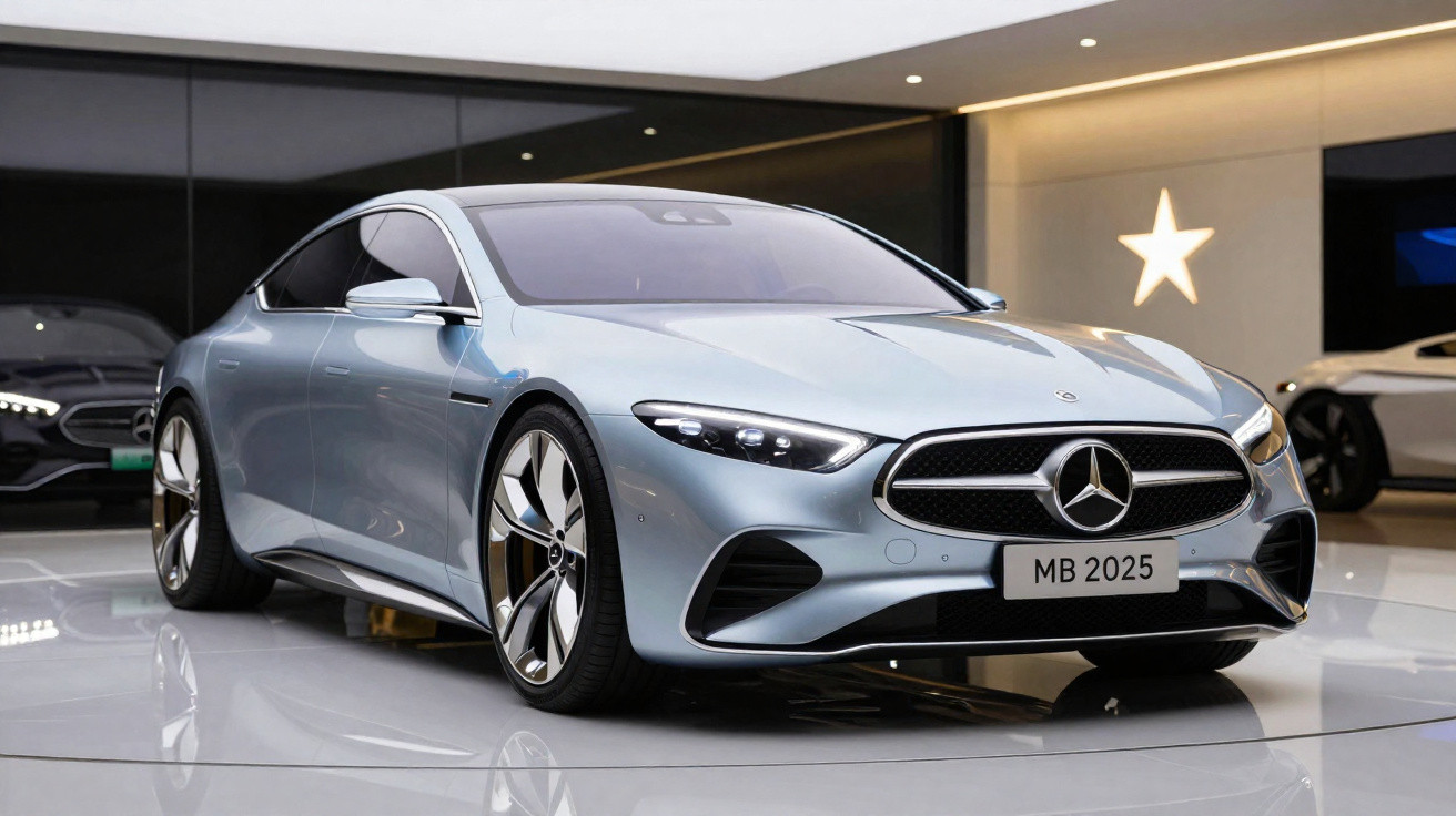 Carro esportivo Mercedes-Benz prata exibido em showroom moderno com iluminação destacada e reflexos no chão.