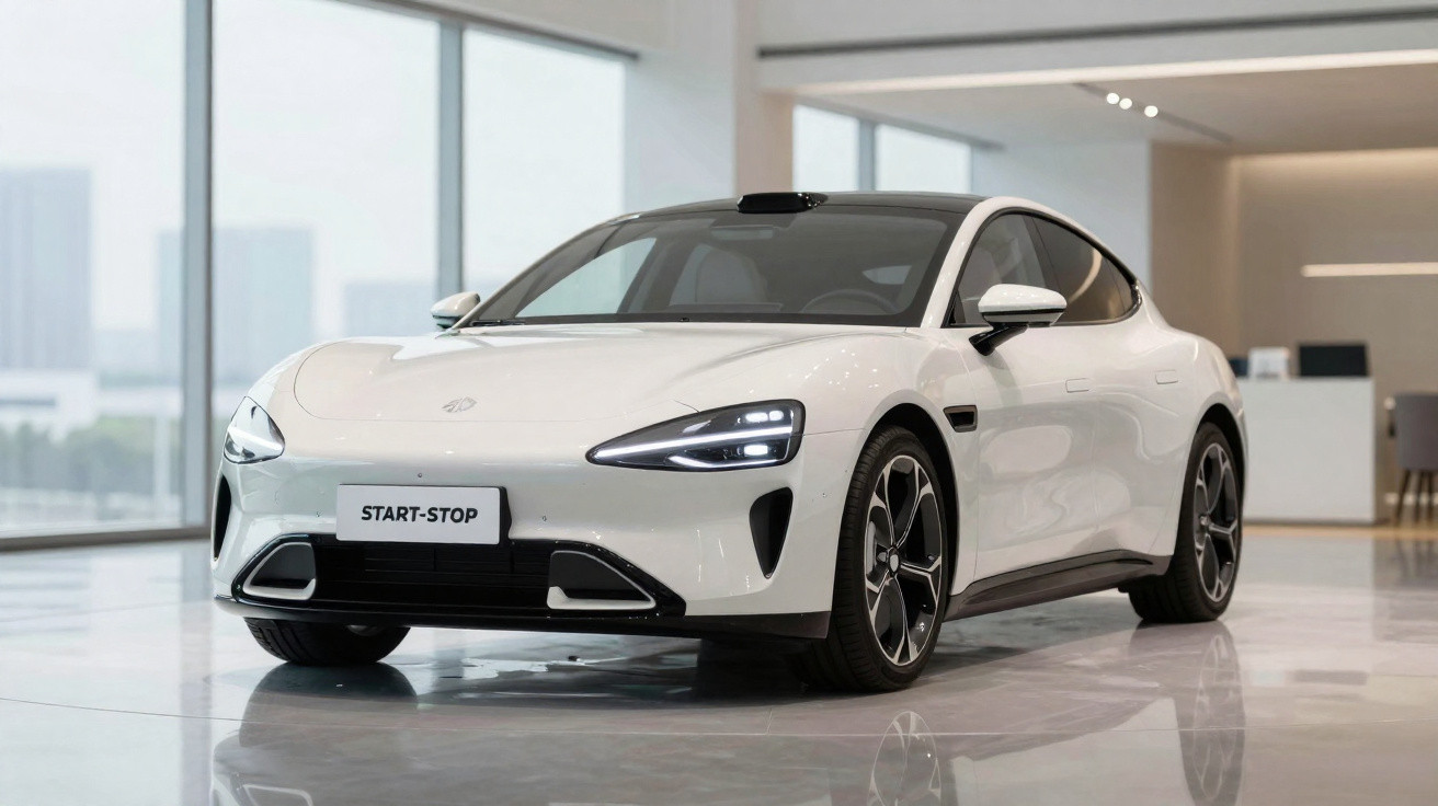 Carro elétrico branco, esportivo, em showroom moderno com piso brilhante e janelas grandes.