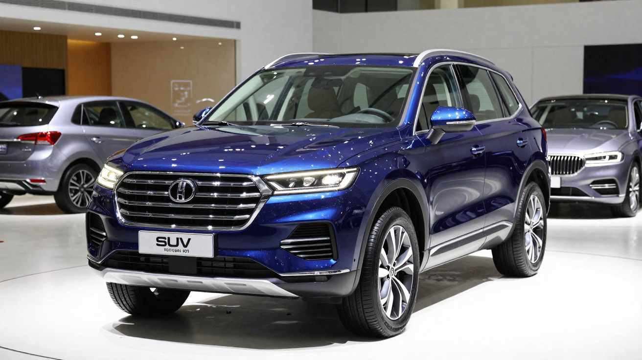 SUV SUVROVER HD azul metálico exibido em ambiente interno de exposição automotiva.