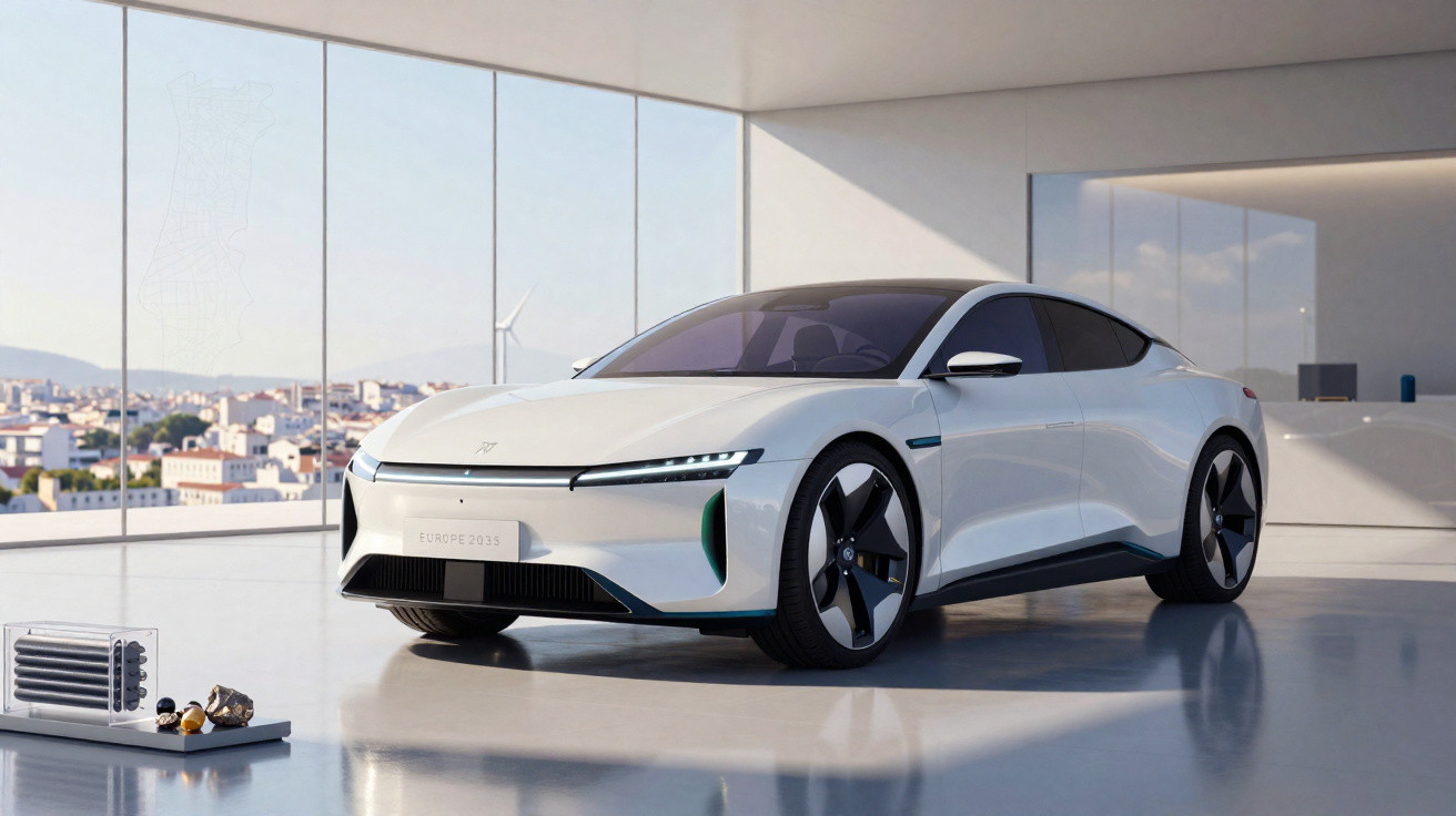 Carro elétrico branco moderno em ambiente interno com janelas de vidro e vista para cidade ao fundo.