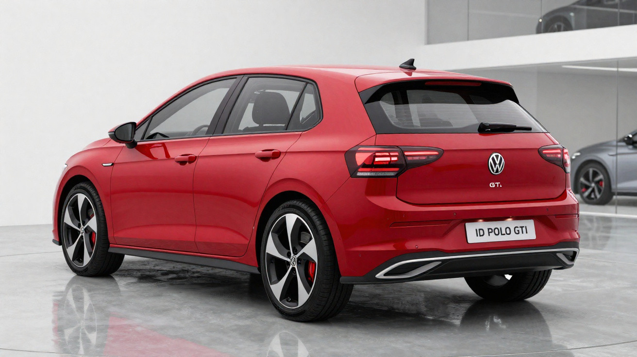 Carro hatchback vermelho Volkswagen ID Polo GTI visto de traseira em ambiente interno branco.