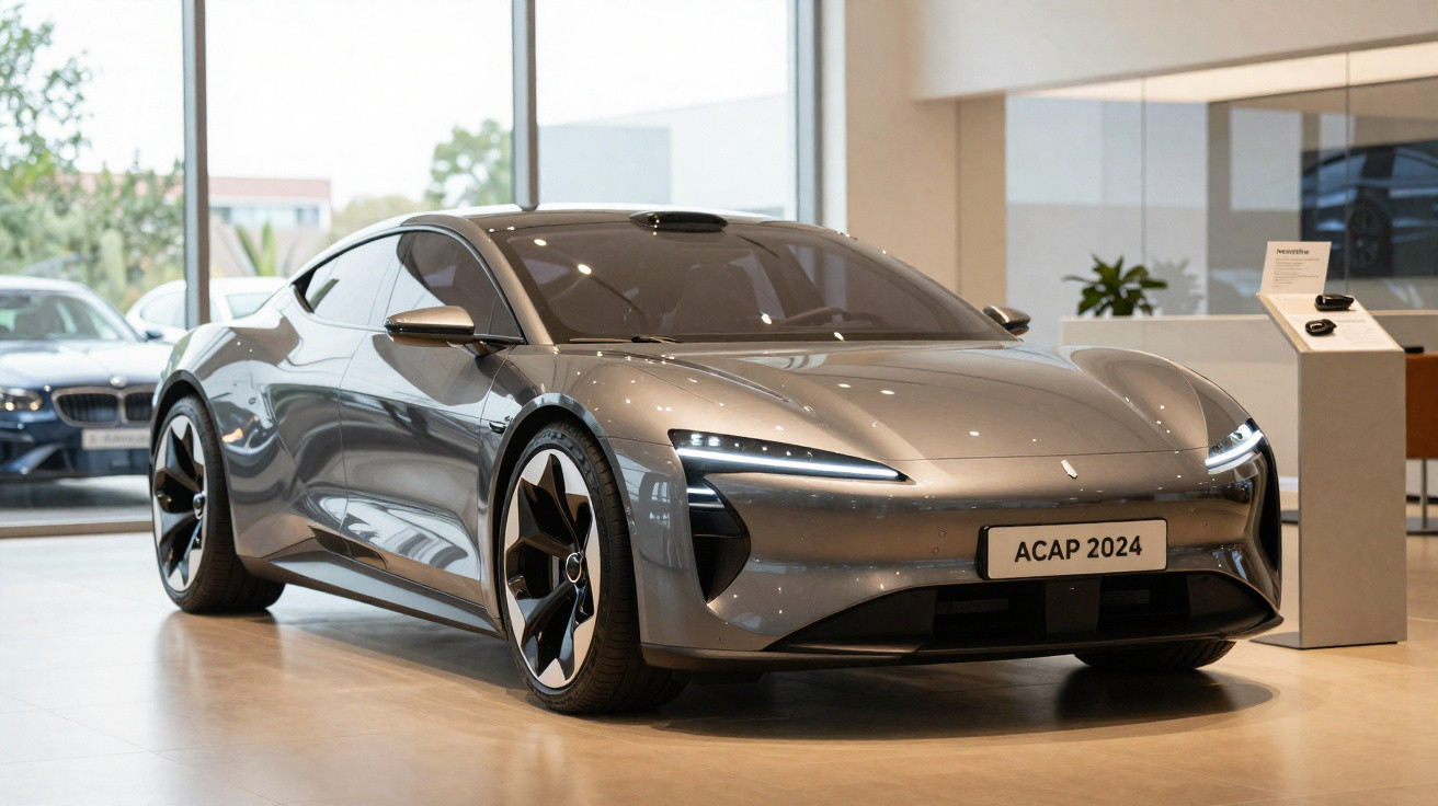 Carro esportivo elétrico cinza Pronto em showroom moderno com placa ACAP 2024.