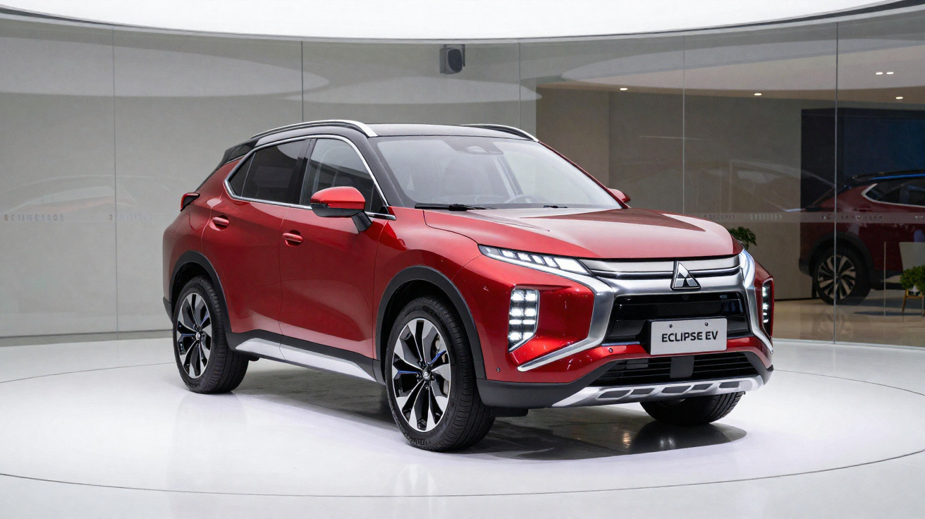 Carro SUV elétrico Mitsubishi Eclipse EV vermelho em exposição com design moderno e faróis LED.