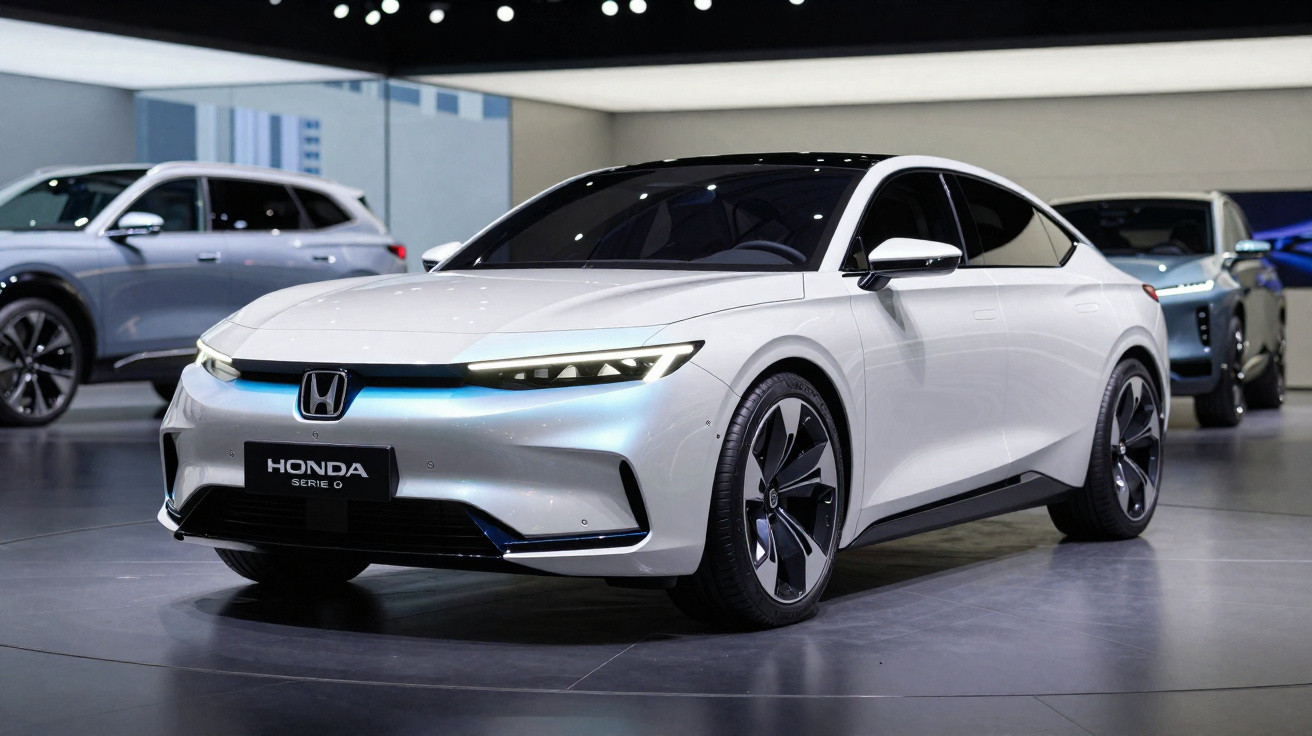 Carro elétrico branco Honda Série 0 em exposição, ambiente interno moderno e iluminado.
