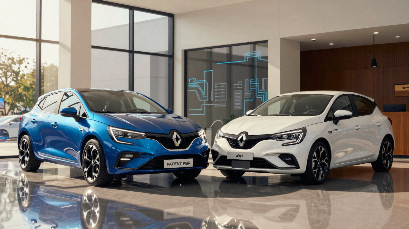 Dois carros Renault hatch, um azul e outro branco, exibidos em salão moderno com piso brilhante.