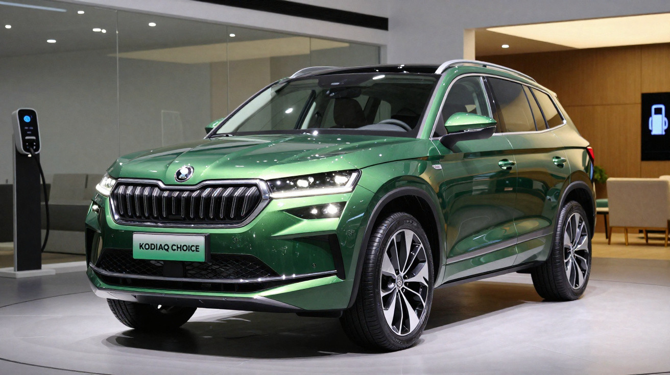 SUV verde Skoda Kodiaq Choice estacionado em showroom moderno com carregador elétrico ao lado.