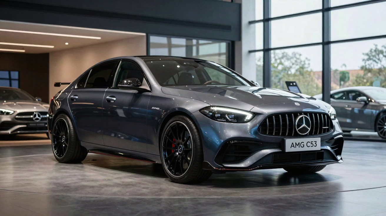 Mercedes-Benz AMG C53 cinza metálico estacionado em showroom moderno com piso de concreto e grandes janelas.