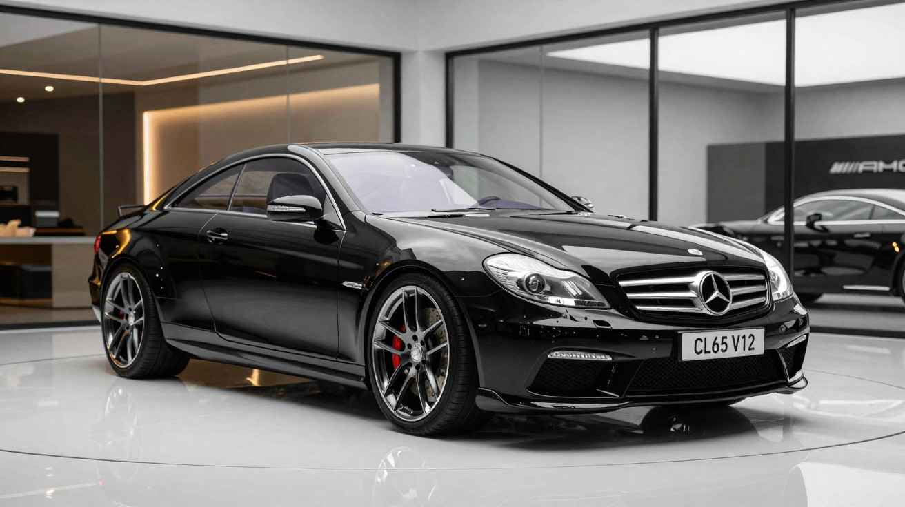 Carro Mercedes-Benz preto esportivo exibido em showroom moderno com piso branco e paredes de vidro.