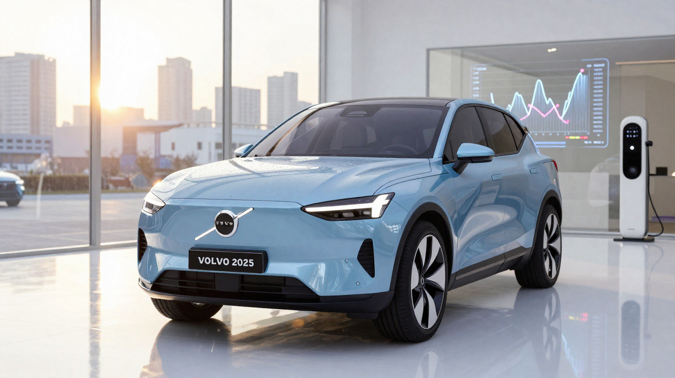 Carro elétrico Volvo 2025 azul em showroom moderno com cidade ao fundo e carregador elétrico ao lado.
