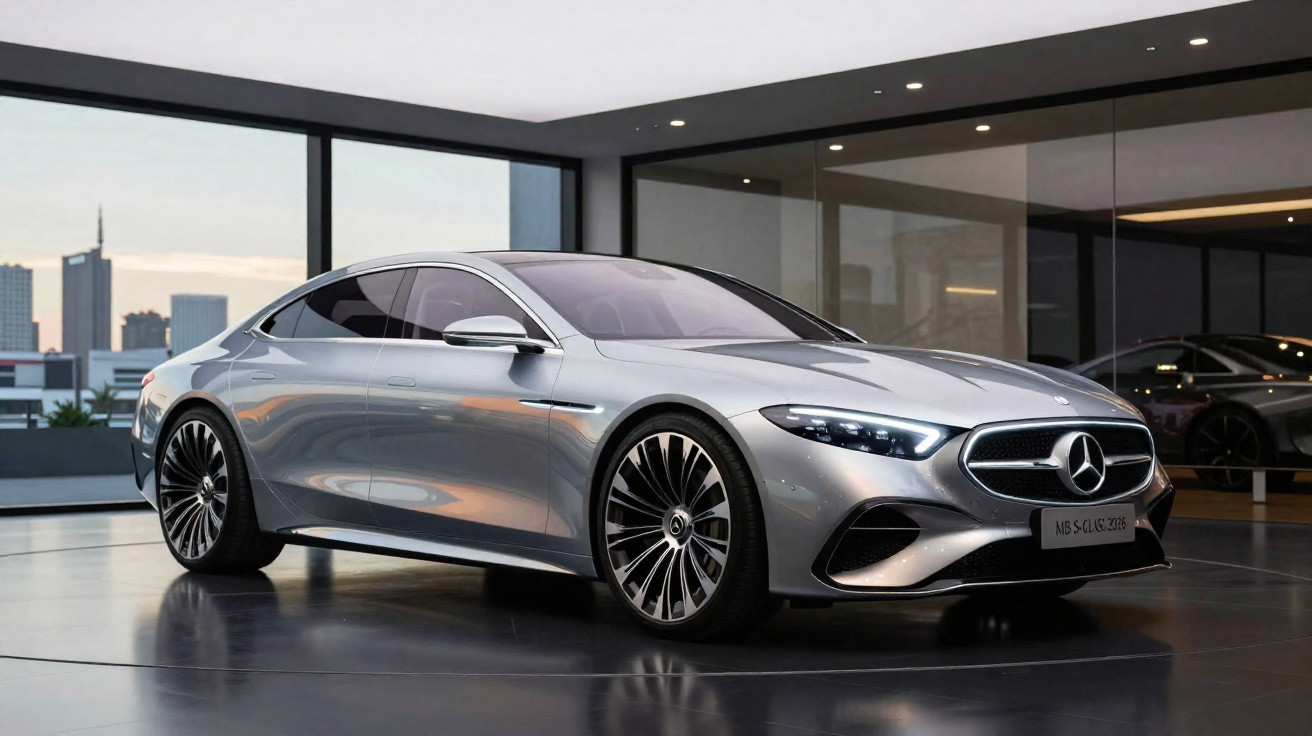 Carro Mercedes-Benz prata futurista em exposição, com design aerodinâmico e rodas esportivas.