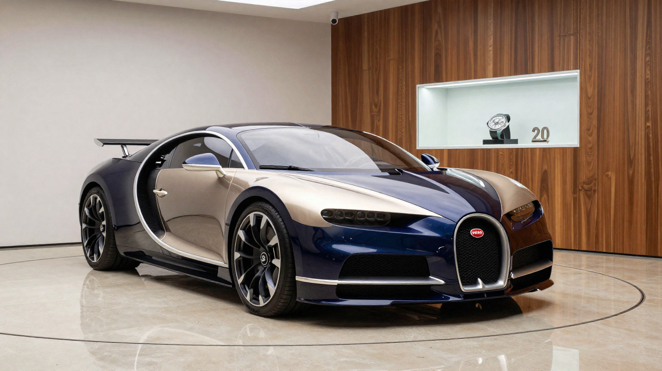 Bugatti Chiron azul e prata exibido em ambiente interno moderno com parede de madeira ao fundo.